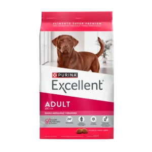 Alimento Purina Excellent Adulto Pollo y Arroz para perros medianos y grandes, fórmula digestible con prebióticos y omegas.