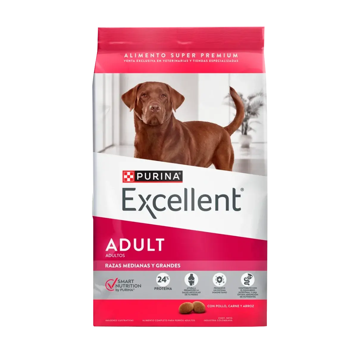 Alimento Purina Excellent Adulto Pollo y Arroz para perros medianos y grandes, fórmula digestible con prebióticos y omegas.
