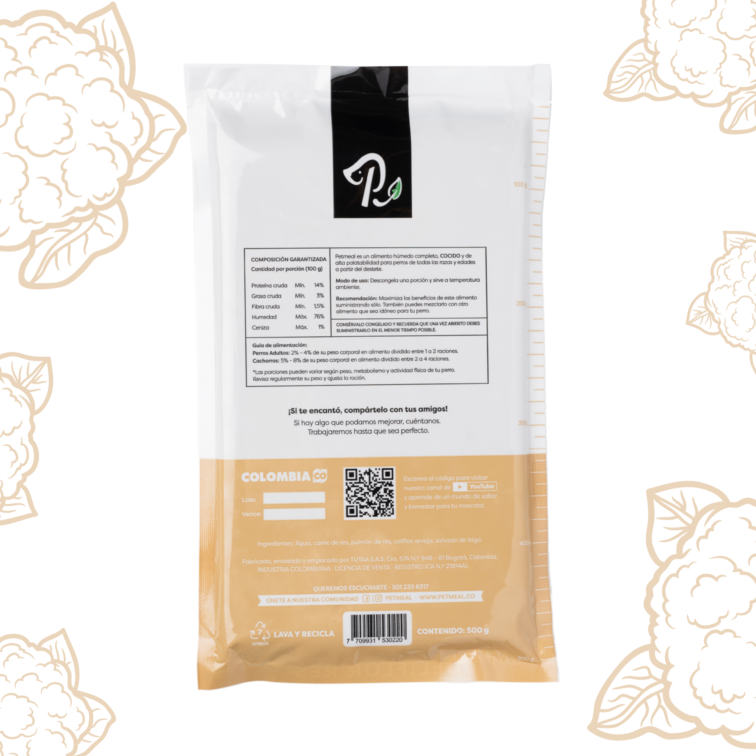 Petmeal – Dieta Cocida Natural Perro Deliflor Res con Coliflor, Arvejas y Salvado (500 g) - Imagen 2