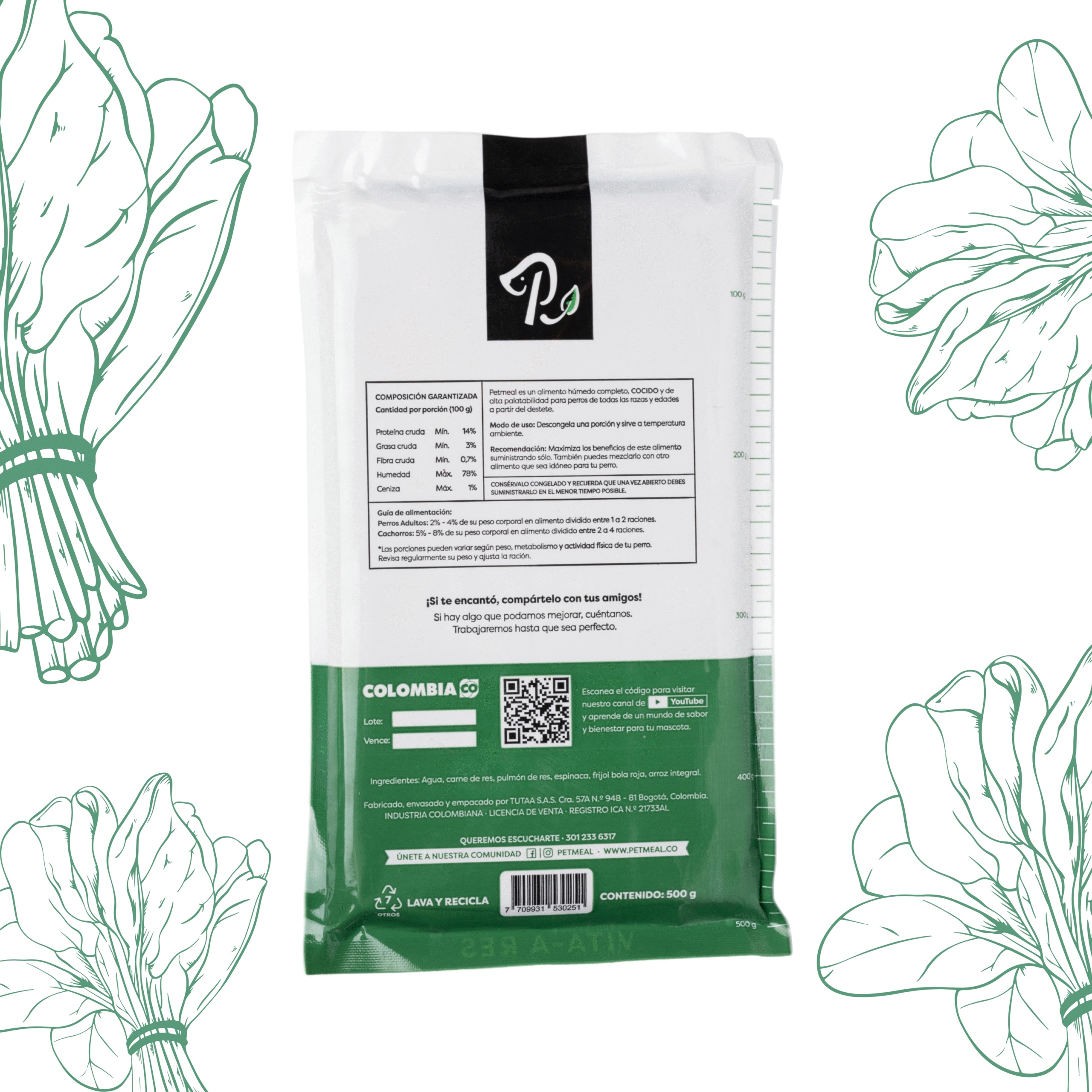 Petmeal – Dieta Cocida Natural Perro Vita A Res con Espinaca, Frijol y Arroz (500 g) - Imagen 2