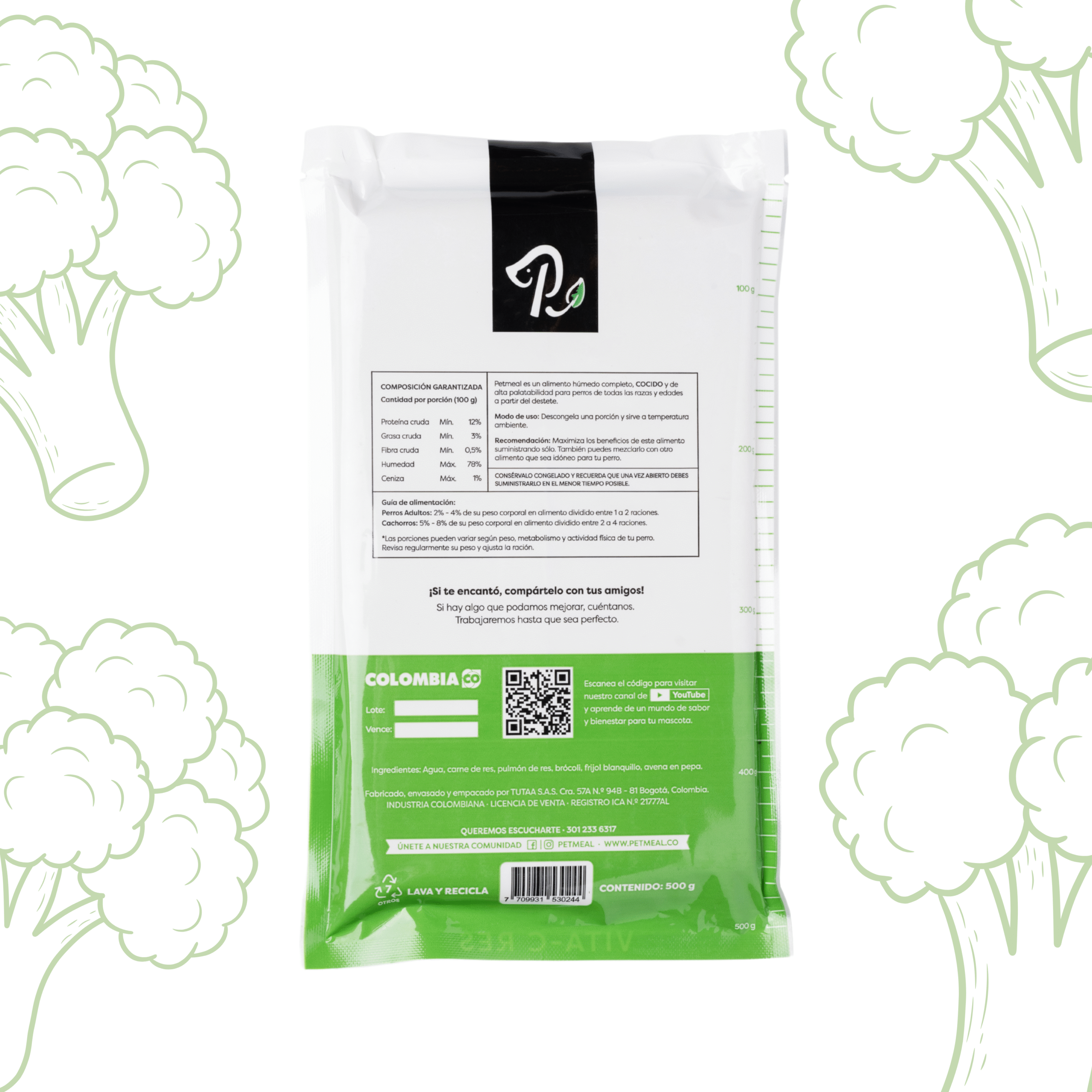 Petmeal – Dieta Cocida Natural Perro Vita C Res con Brócoli, Frijol Blanco y Avena (500 g) - Imagen 2