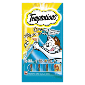 Snack Temptations Creamy Purrrée para gatos sabor pollo y atún, puré cremoso felino.