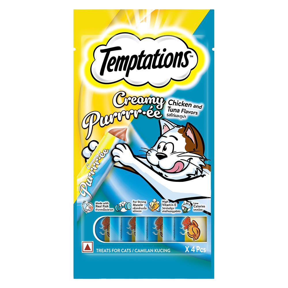 Snack Temptations Creamy Purrrée para gatos sabor pollo y atún, puré cremoso felino.